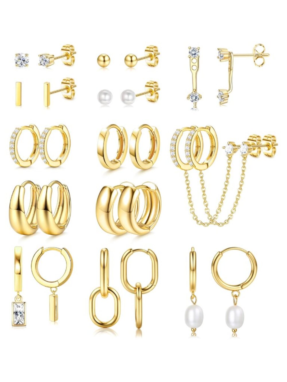 13 Pairs Small Stud Hoop Earrings Set for Women 14K Gold Plated